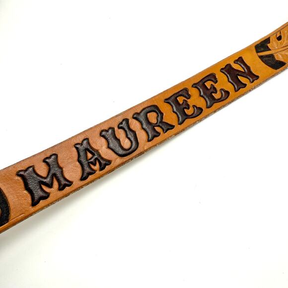 Vintage Western Name Belt 32 Maureen Hand Tooled Leaves Brown Leather No Buckle - Picture 3 of 10